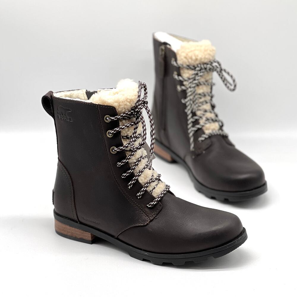 SOREL Emelie Short Lace Cozy Boot Womens 8.5 Blackened Brown Waterproof NEW